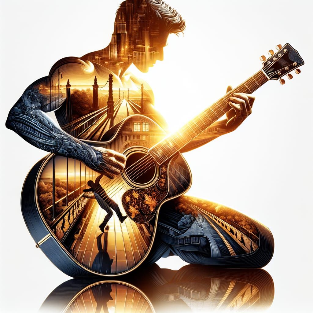 Double Exposure Guitarist in Four Seasons