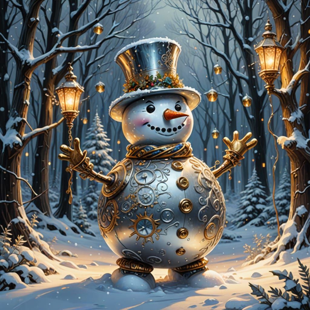 Golden Snowman Shines in Vibrant Winter Wonderland