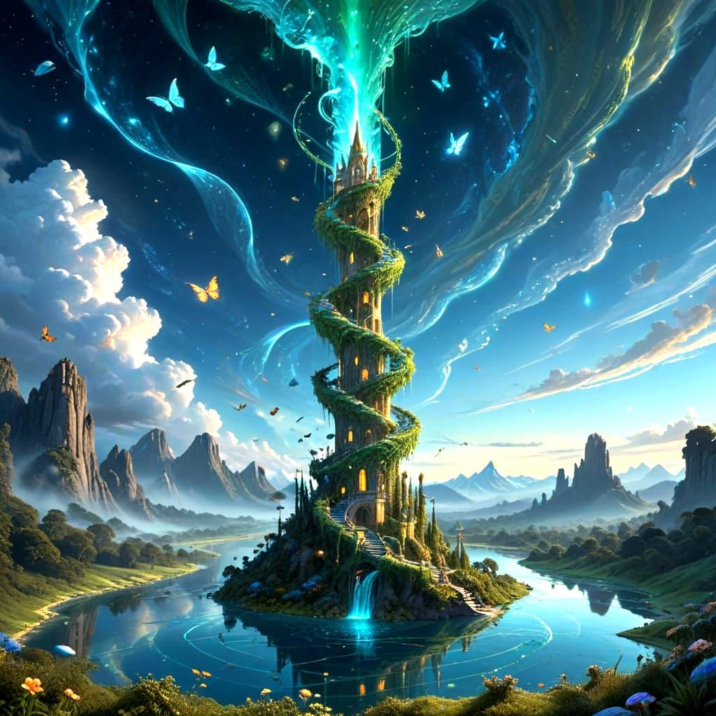 Crystalline Tower with Floating Islands in Roger Dean Style