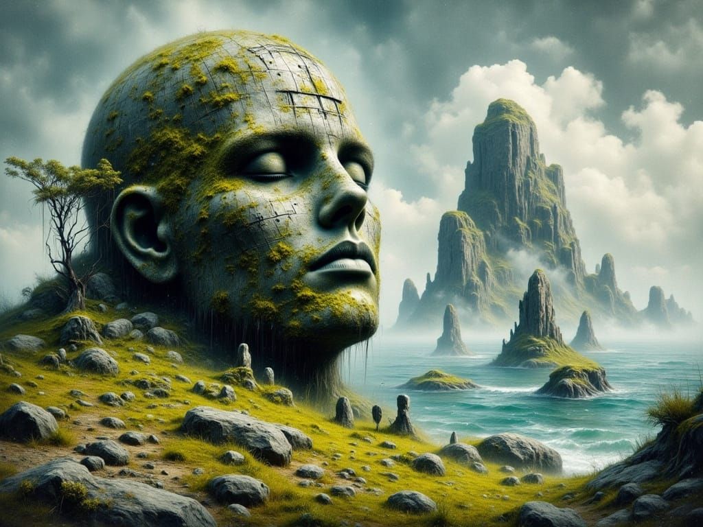 Colossal Moss-Covered Stone Head in Fantasy Style
