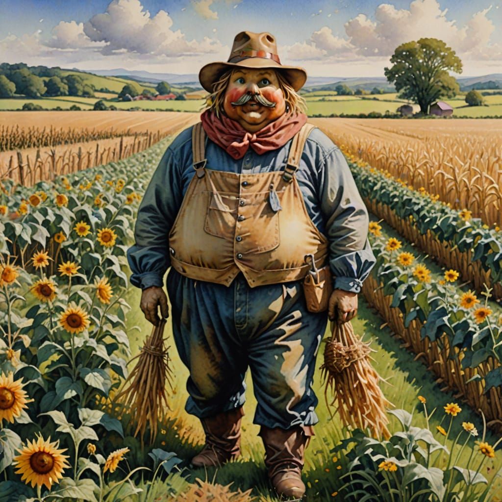 Fat Scarecrow in a Field, Hyperrealistic Watercolor Masterpi...