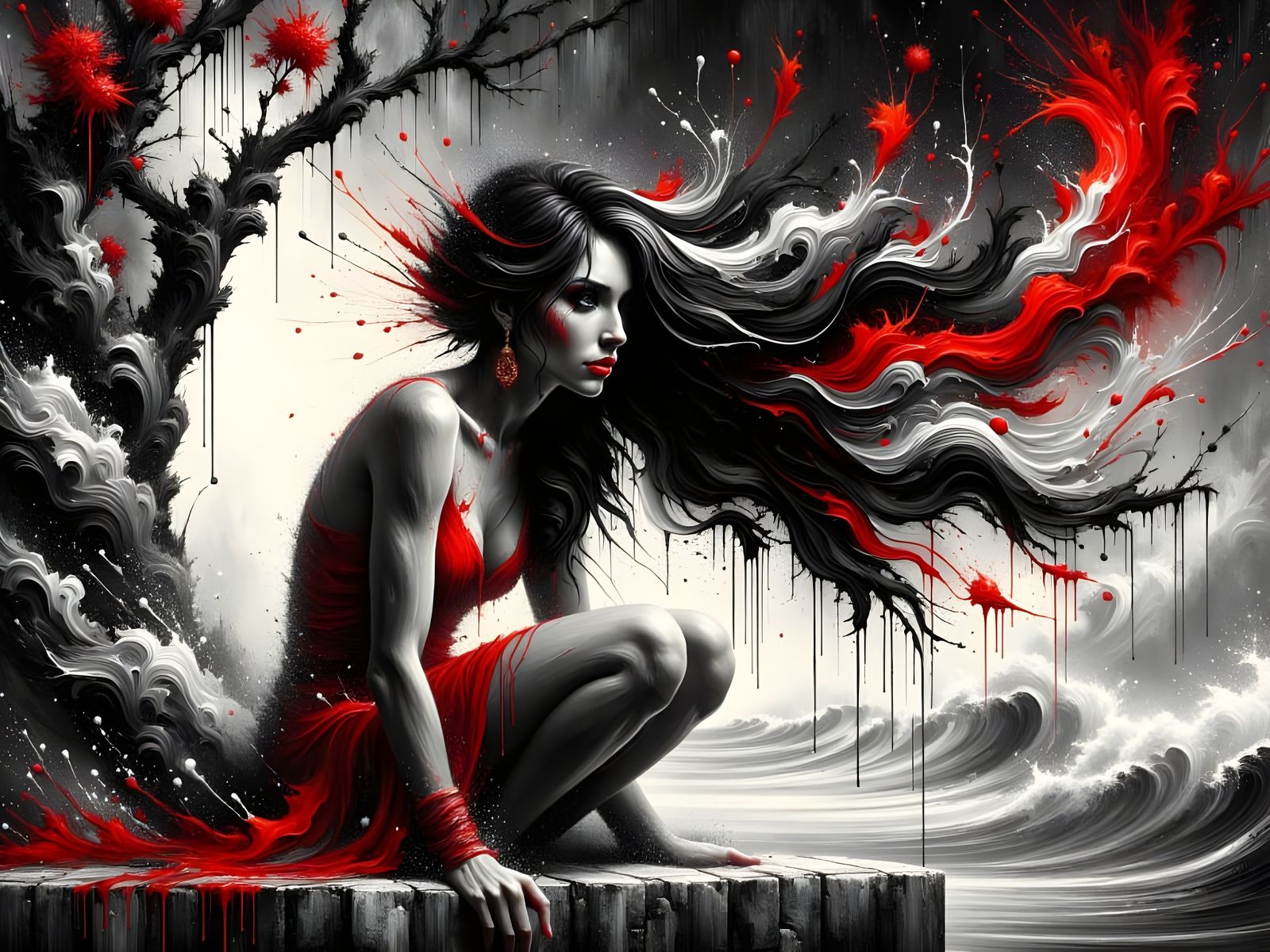 Dramatic Norse Goddess Portrait in Trichromatic Ink