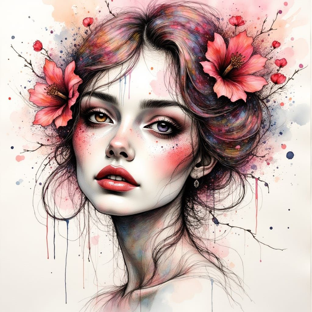 Intricate Ink and Watercolor Portrait of a Woman