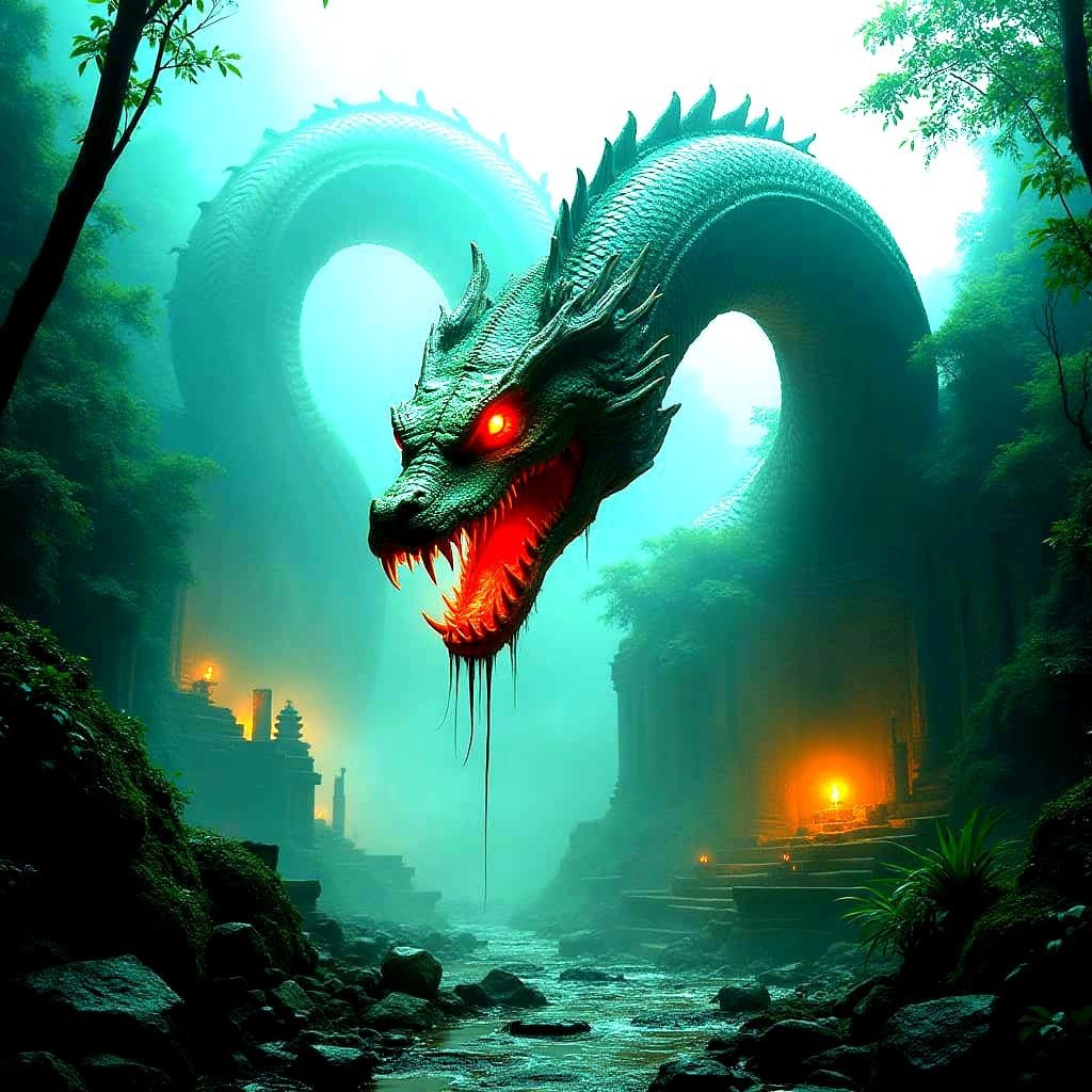 Mythical Serpent Coils Around Jungle Ruins
