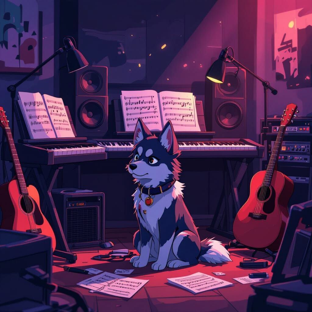 Heartbroken Pup in Music Studio, Manga Style