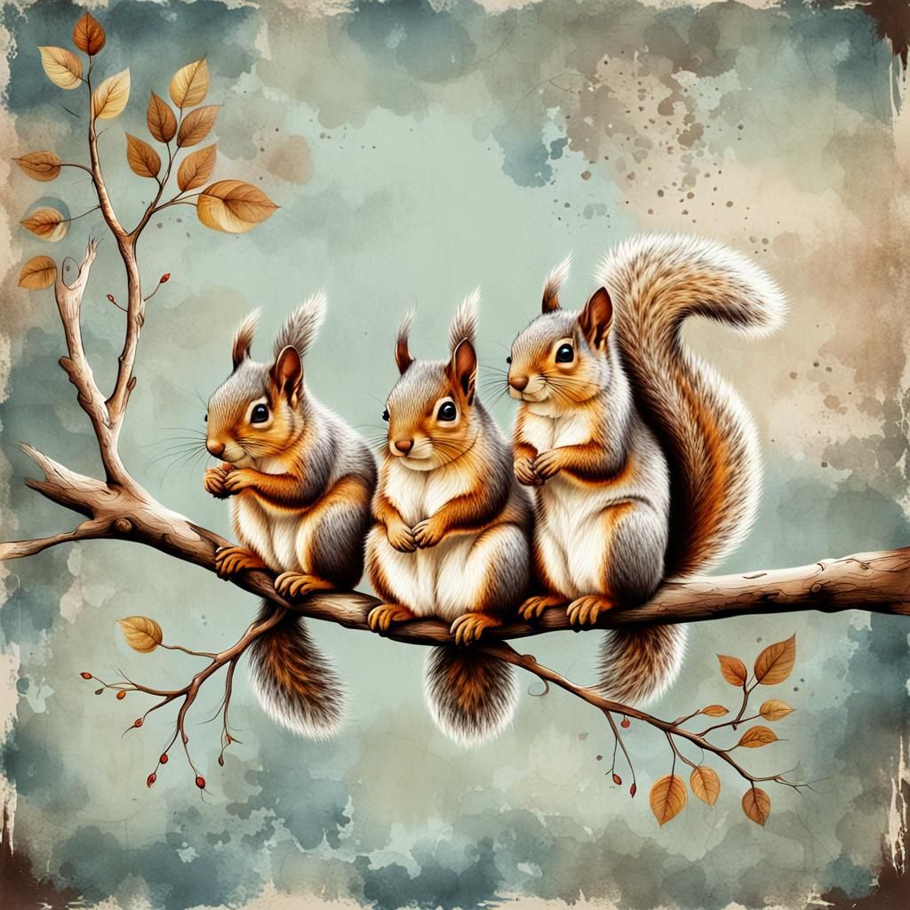 Cute Squirrels on Branch with Grunge Background