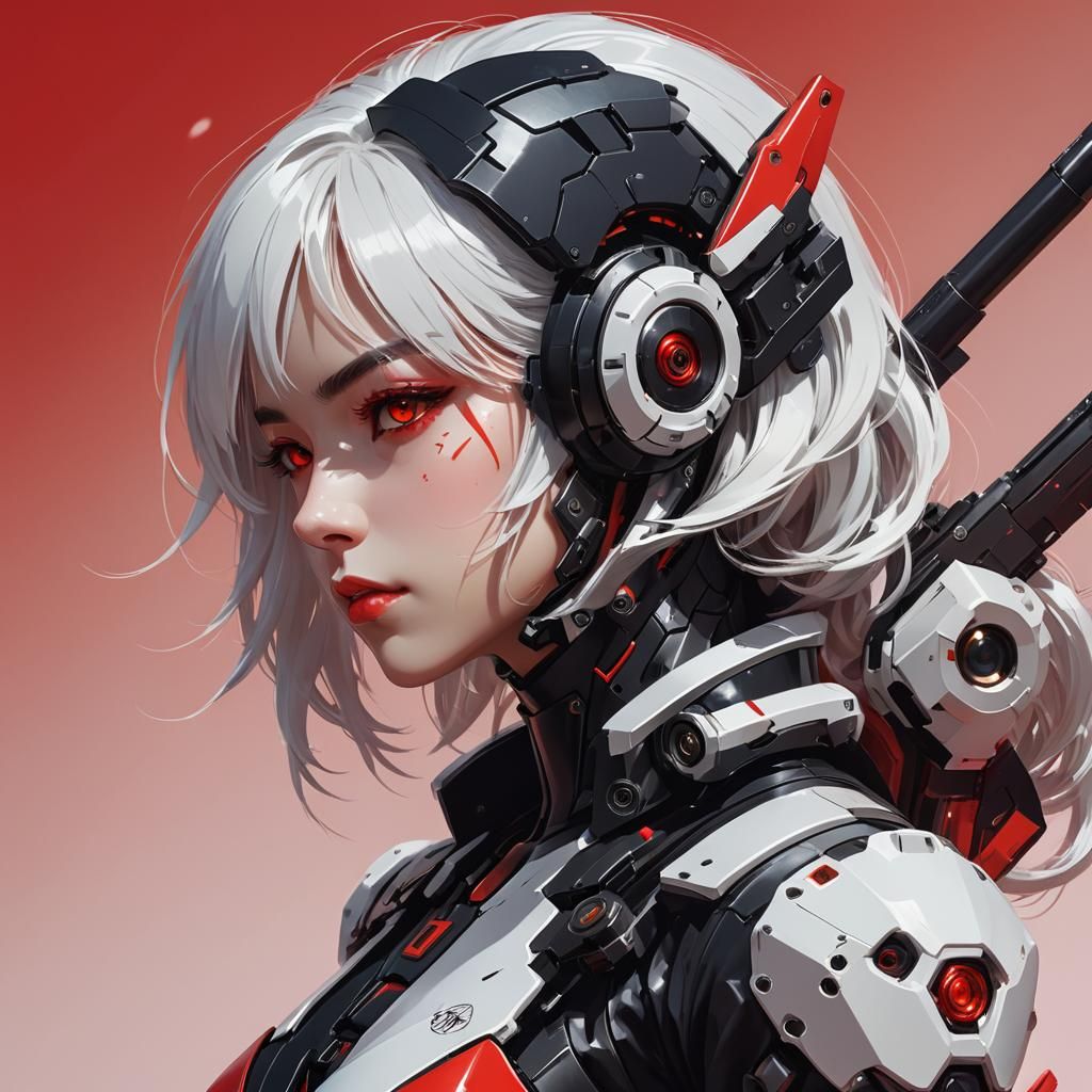 Girl in Black Mecha Suit with Red Background