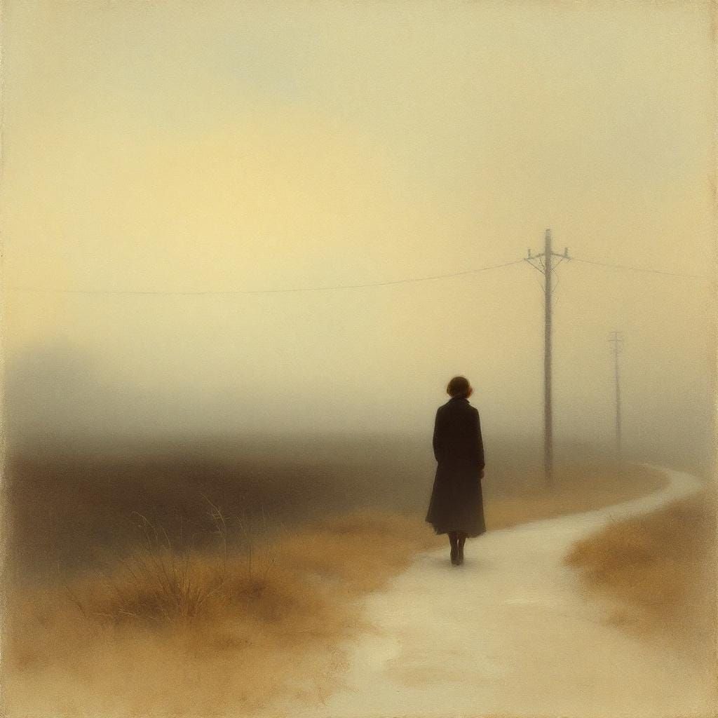 Lone Figure in Foggy Street with Golden Haze
