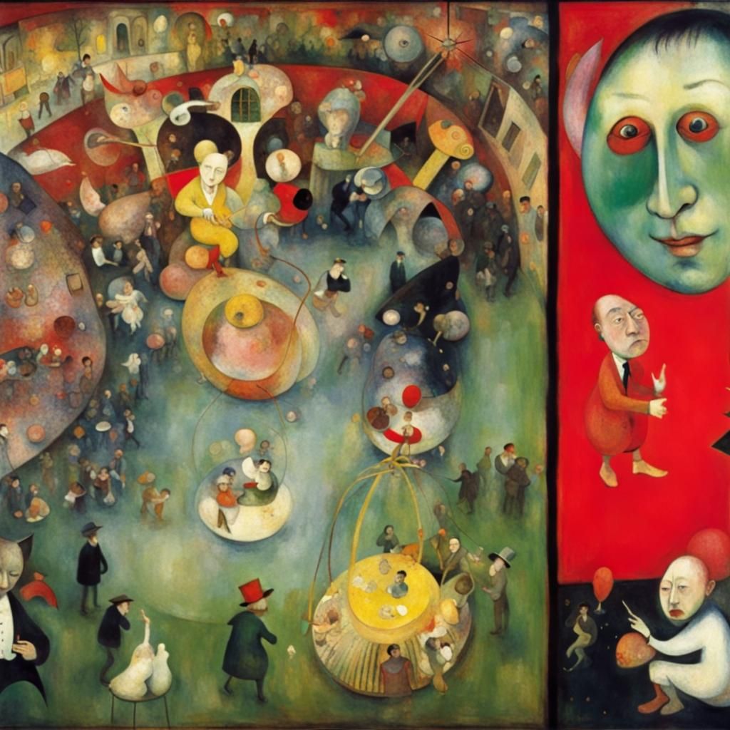 Surreal Amusement Park Scene with Fools