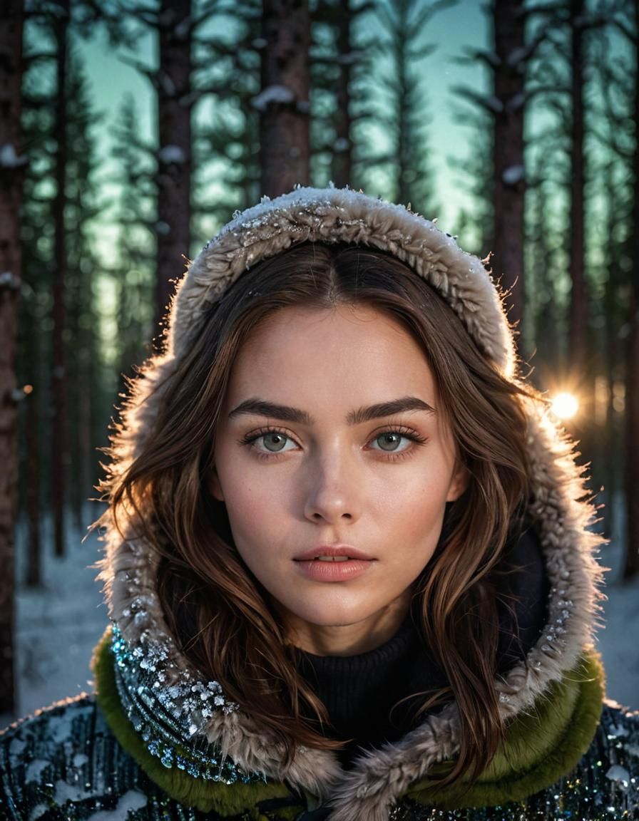 Winter Couture Model in Snowy Forest Under Aurora