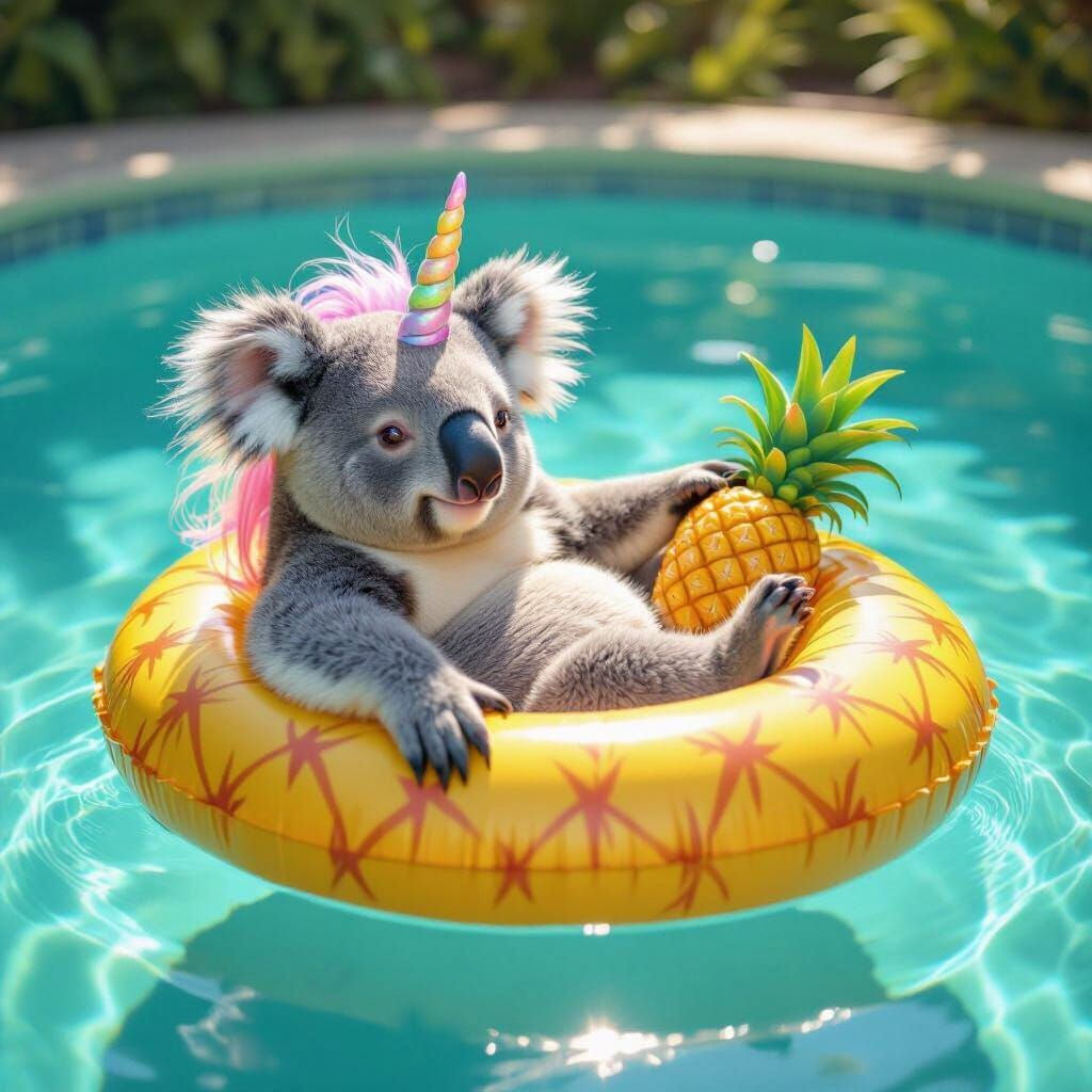 Koala Unicorn Hybrid Lounging on Pineapple Float