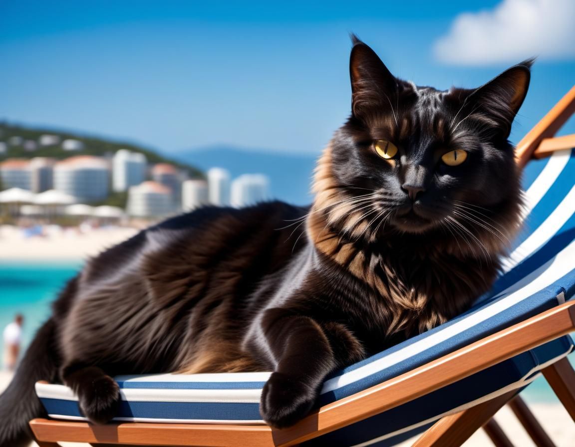 Cat sunbathing on the beach