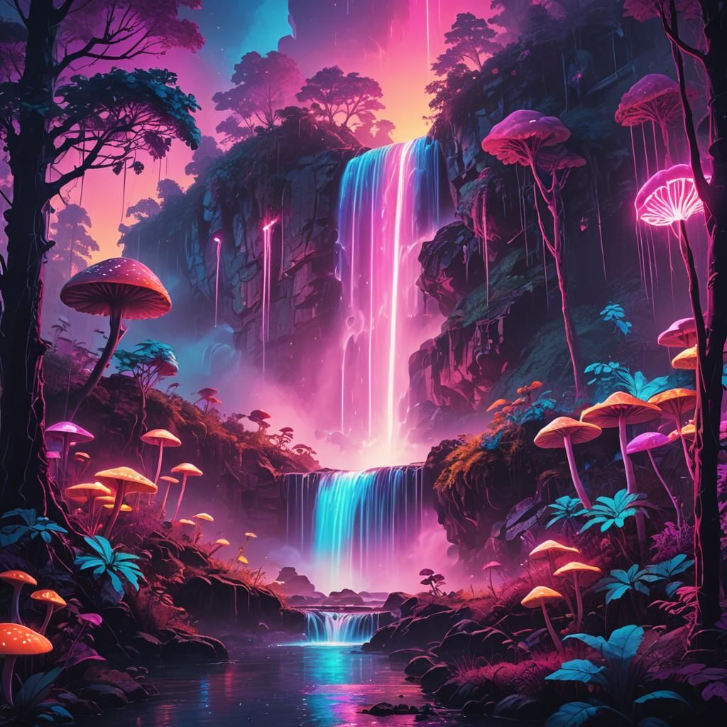 Neon Waterfall in Mystical Cyberpunk Fairy Forest