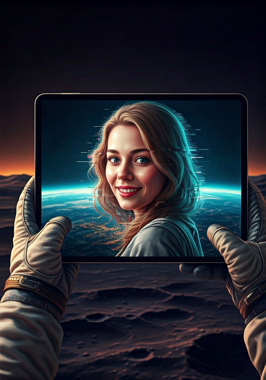 Astronaut on Moon with Glitchy iPad Portrait in Sci-Fi Style