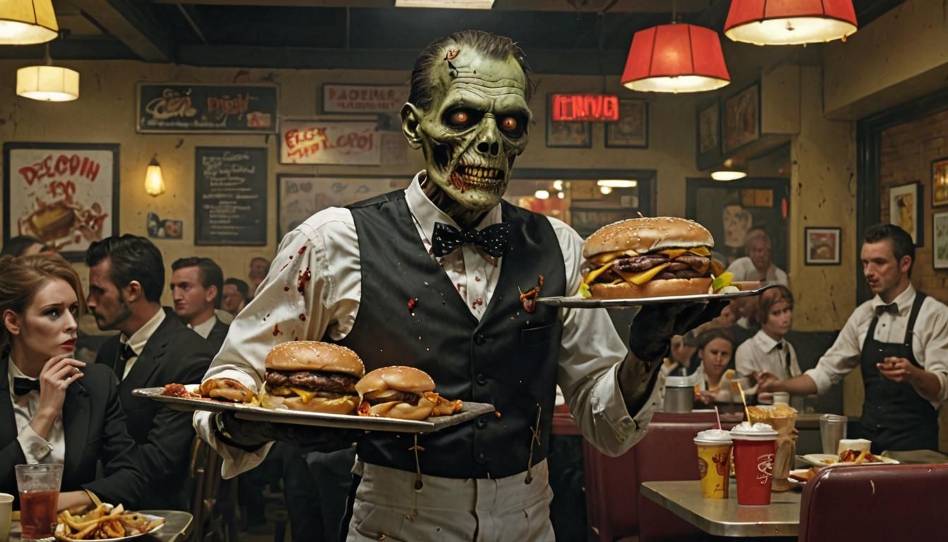 Pop Art Zombie Waiter Serves Restaurant