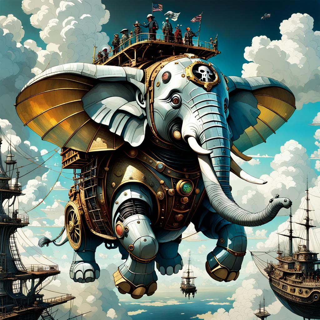 Steampunk Robot Elephant Pirate Airship Fantasy