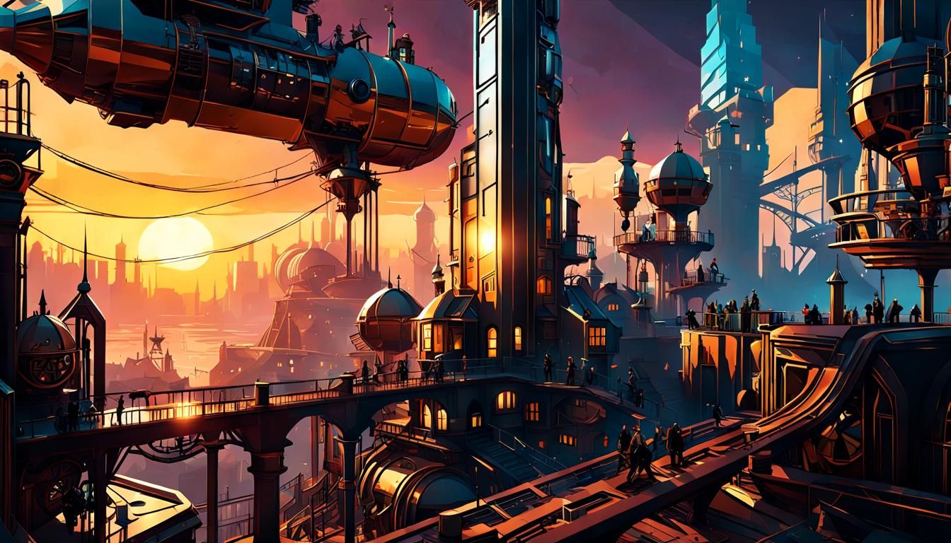 Steampunk City Sunset in Abstract Vector Art