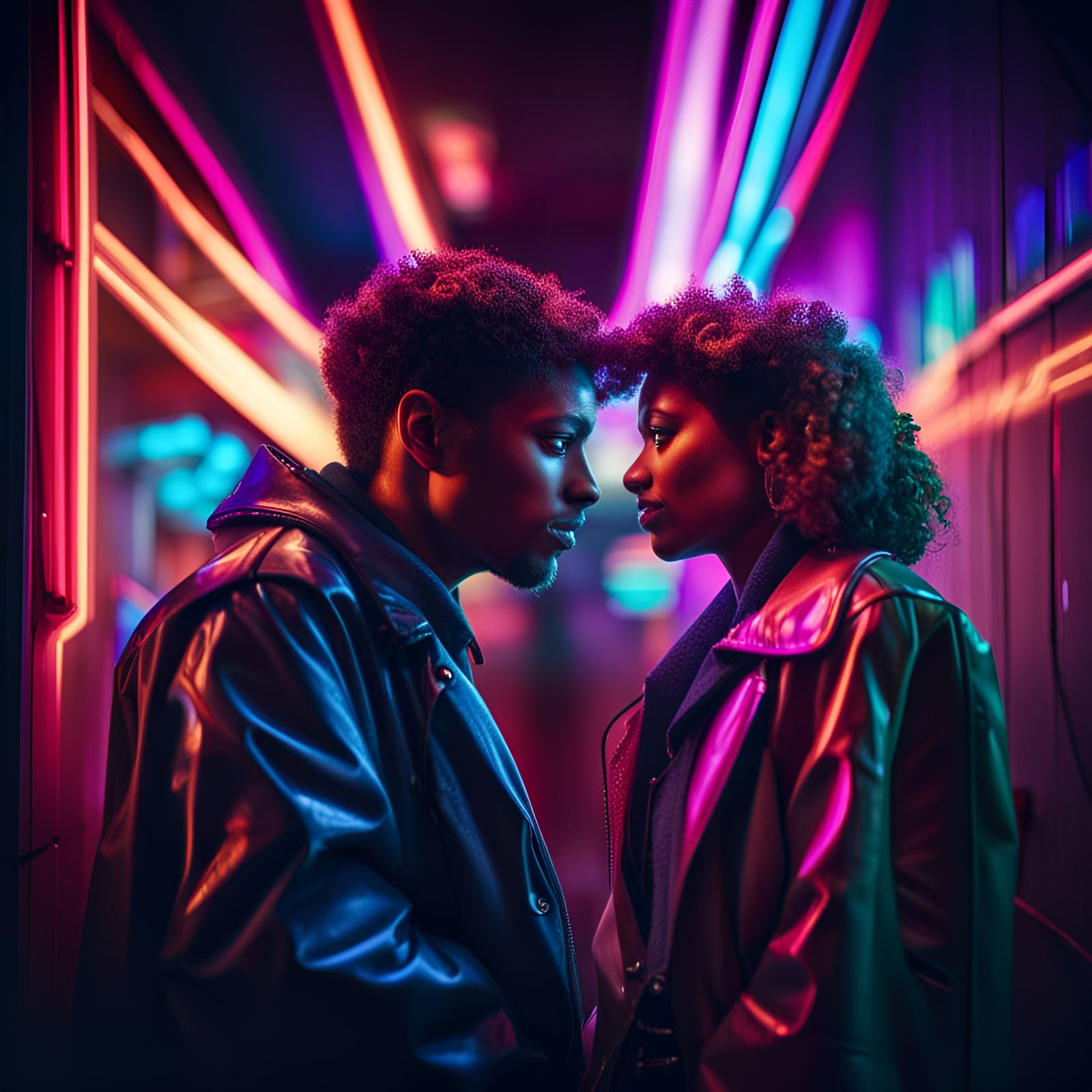 1980s Couple in Neon Lights: Hyperrealistic Image