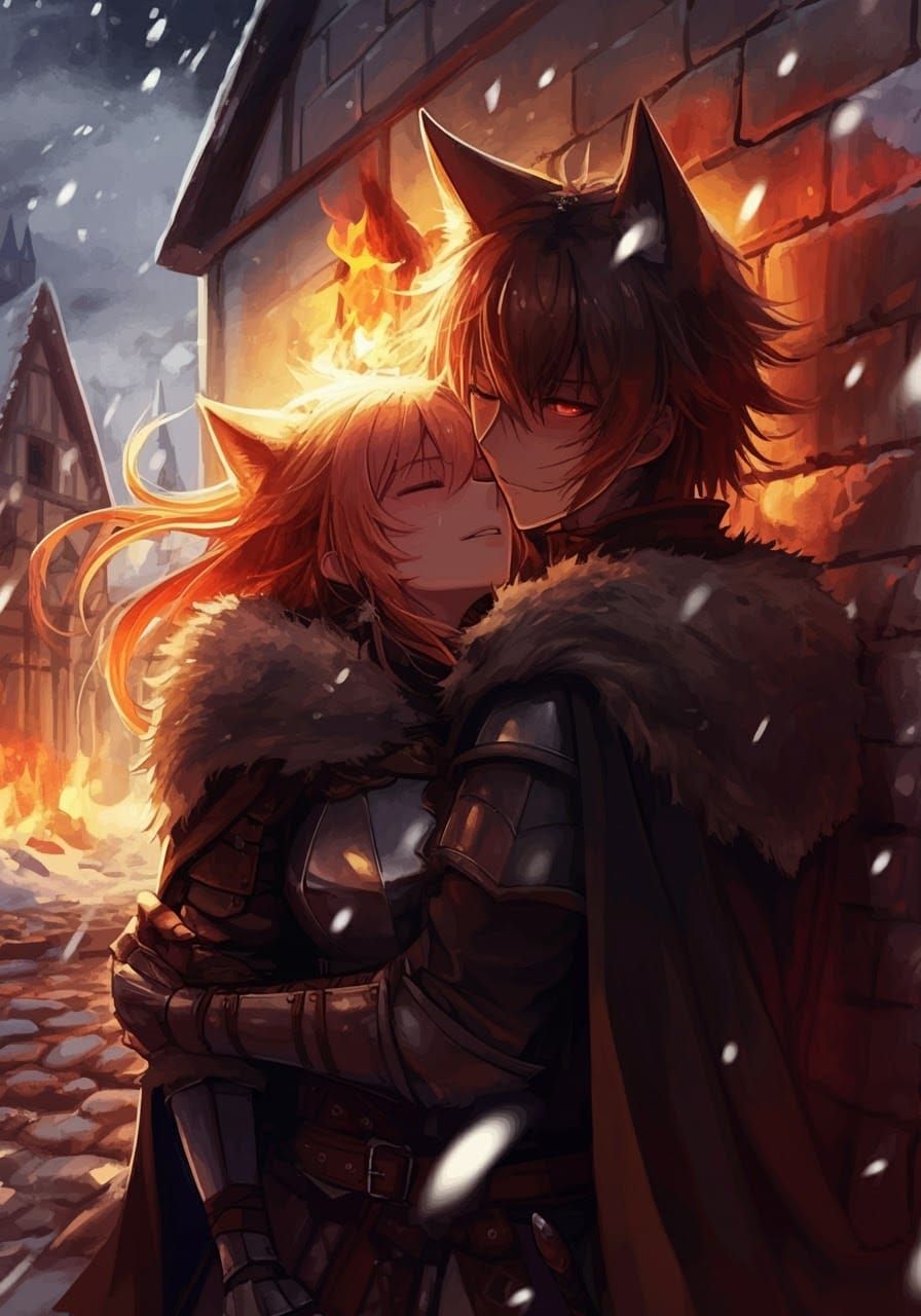 Anime Girl in Ruins: Passionate Kiss in Digital Art Style