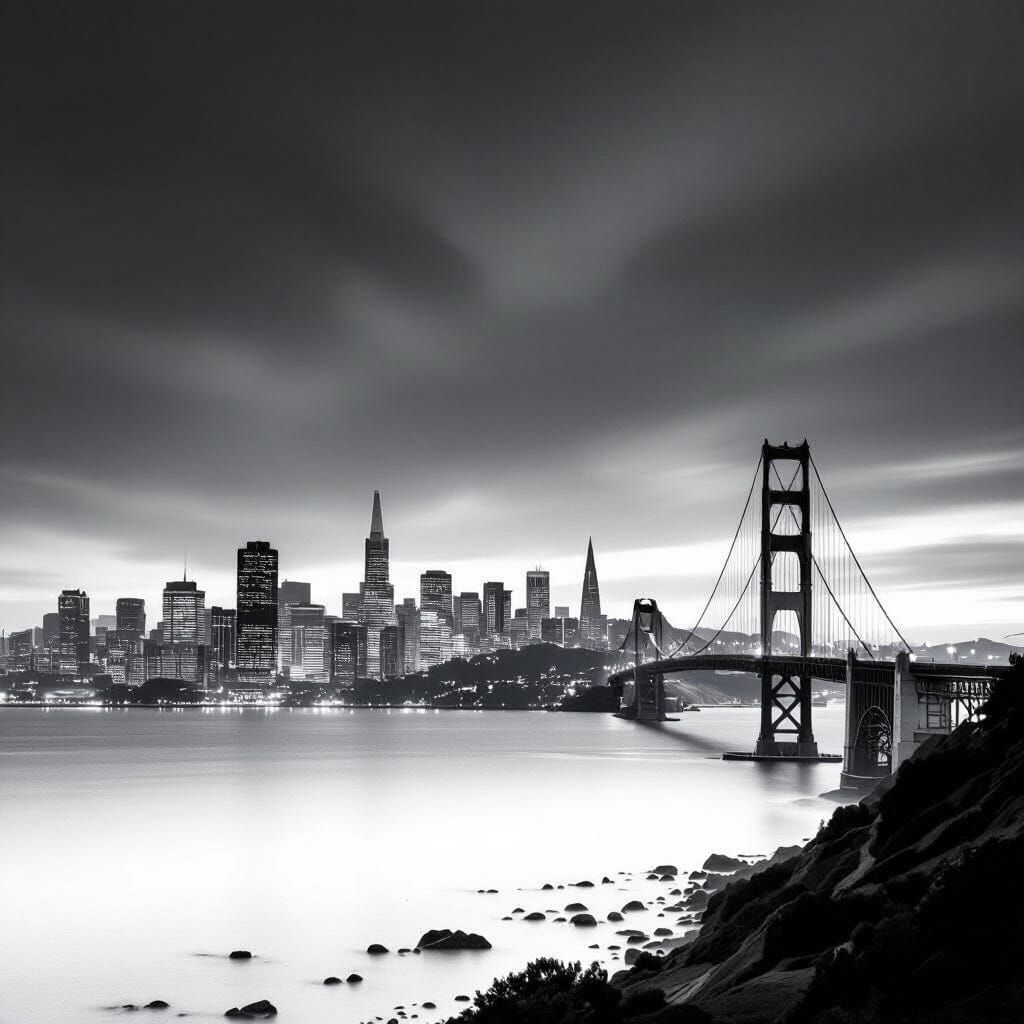 Dramatic Black and White San Francisco Skyline at Dusk