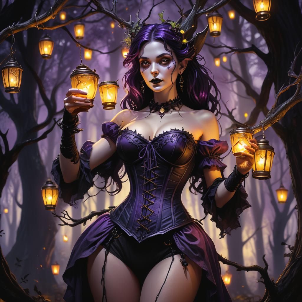 Eerie Forest Witch Serving Drinks: Dark Fantasy Art
