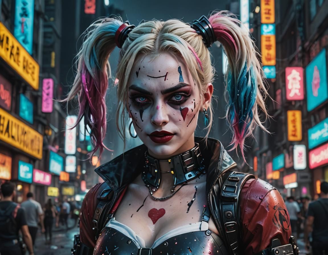 Cyberpunk, Harley Quinn, cybernetics, cybernetic implants, beautiful eyes, neon city, excited expression, smudged make u...
