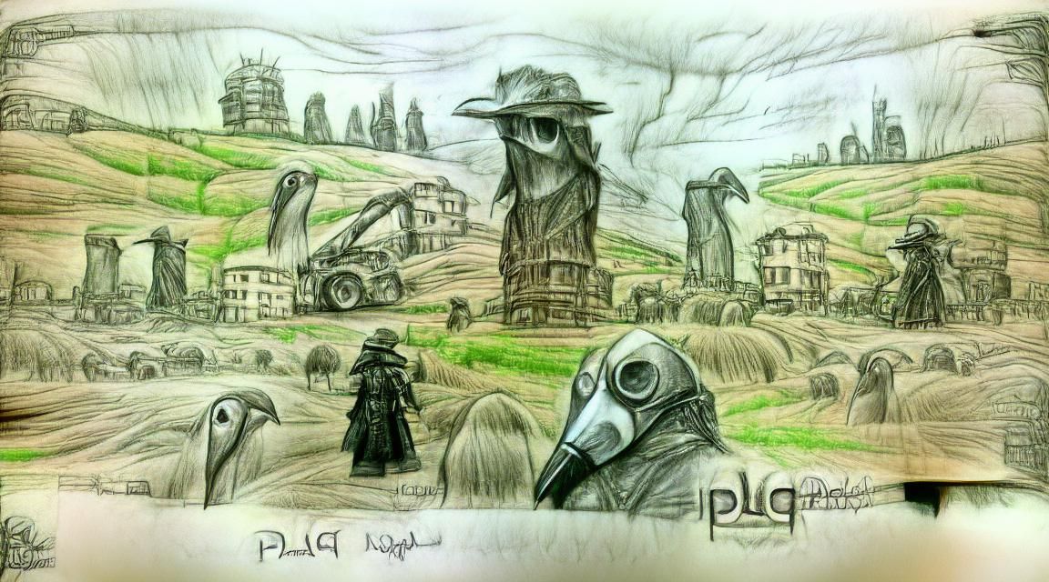 Plague Doctor in Post-Apocalyptic Pencil Sketch