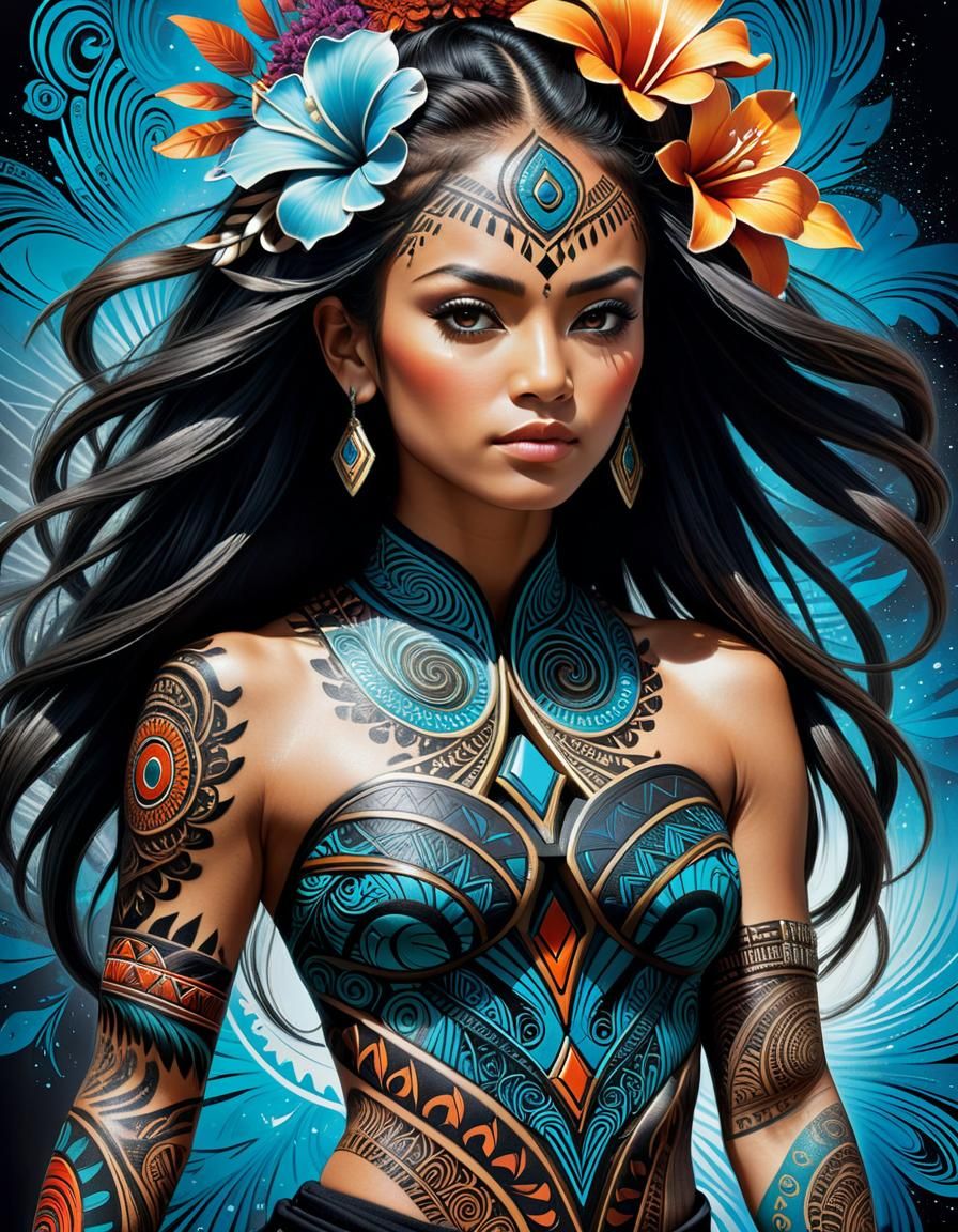 Intricate Maori Warrior Portrait in Polychromatic Graffiti S...