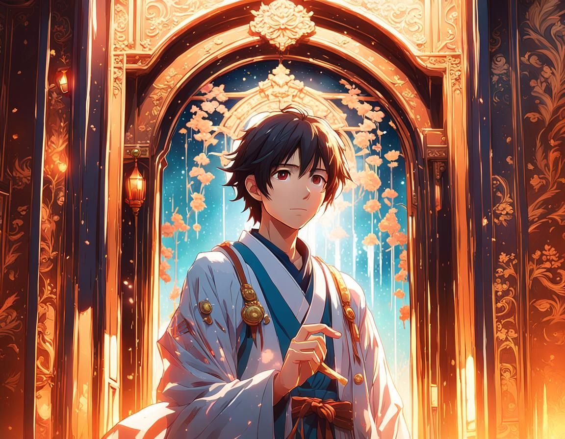 Anime Protagonist at Ornate Door: Japanese Concept Art