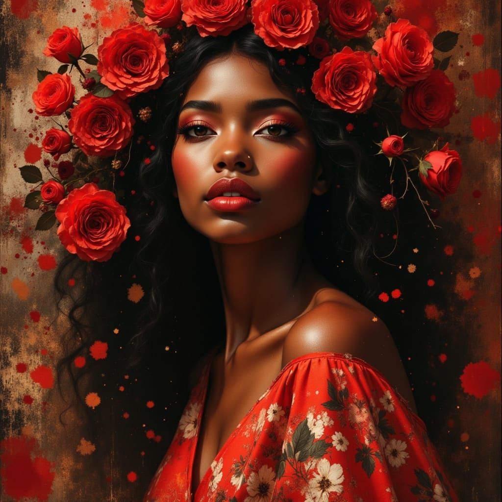 Elegant African Goddess Portrait with Roses