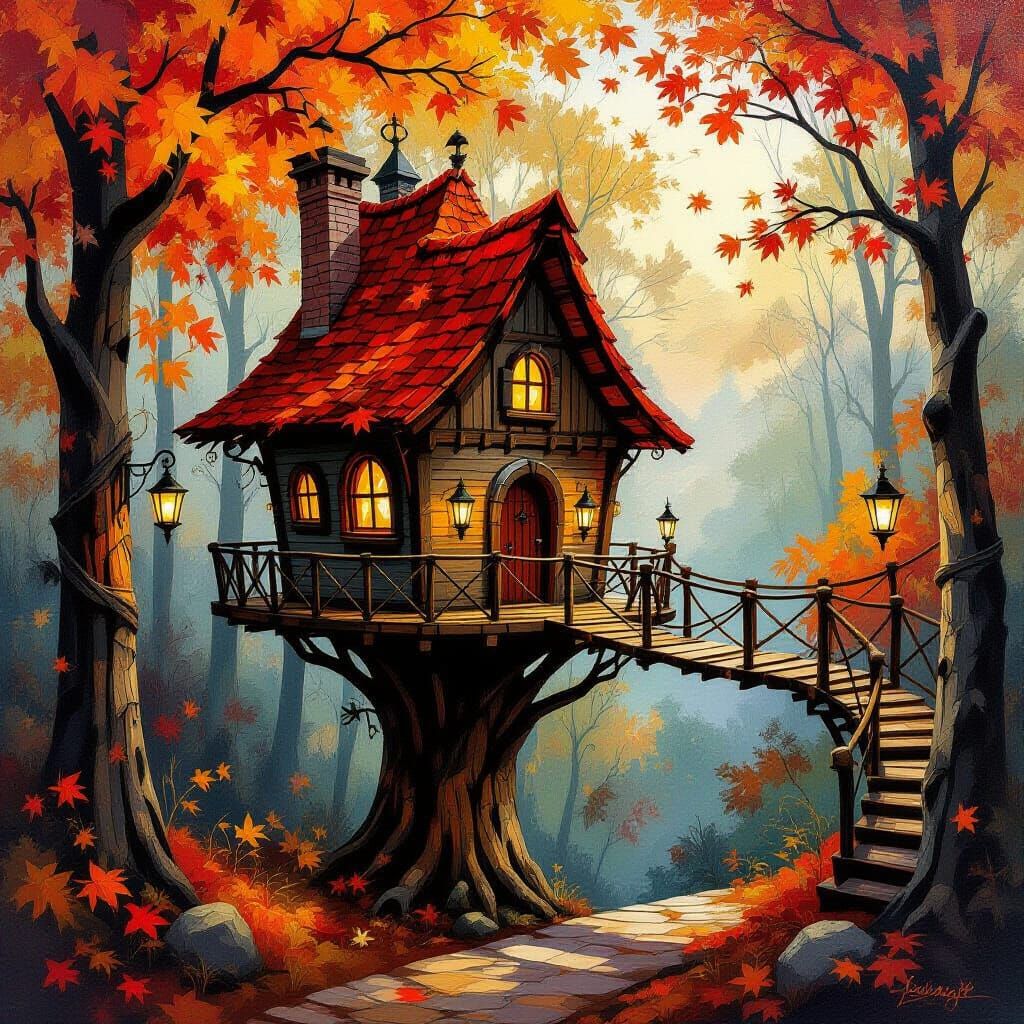 Whimsical Autumn Treehouse Fortress With Glowing Lanterns
