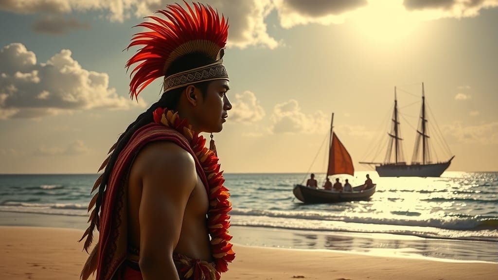 Hawaiian Warrior Gazing at Approaching Ship