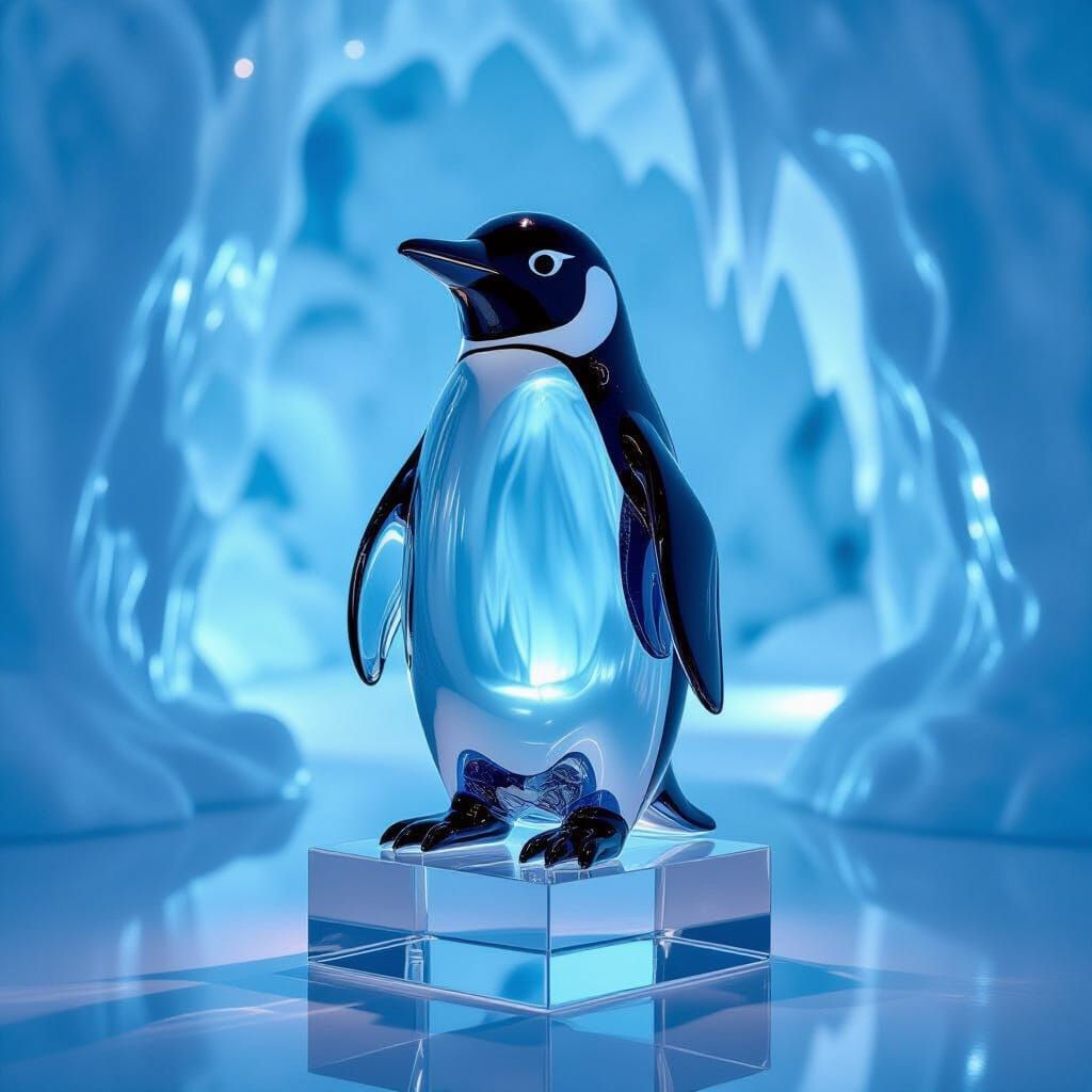 Glass Penguin in Arctic Museum: Hyperrealistic Art