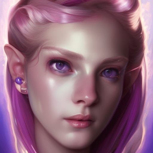 Elf Portrait with Pink Hair in Art Nouveau Style