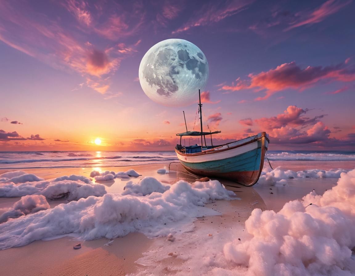Beach with Boat, Sunset, and Moon in Abstract Art