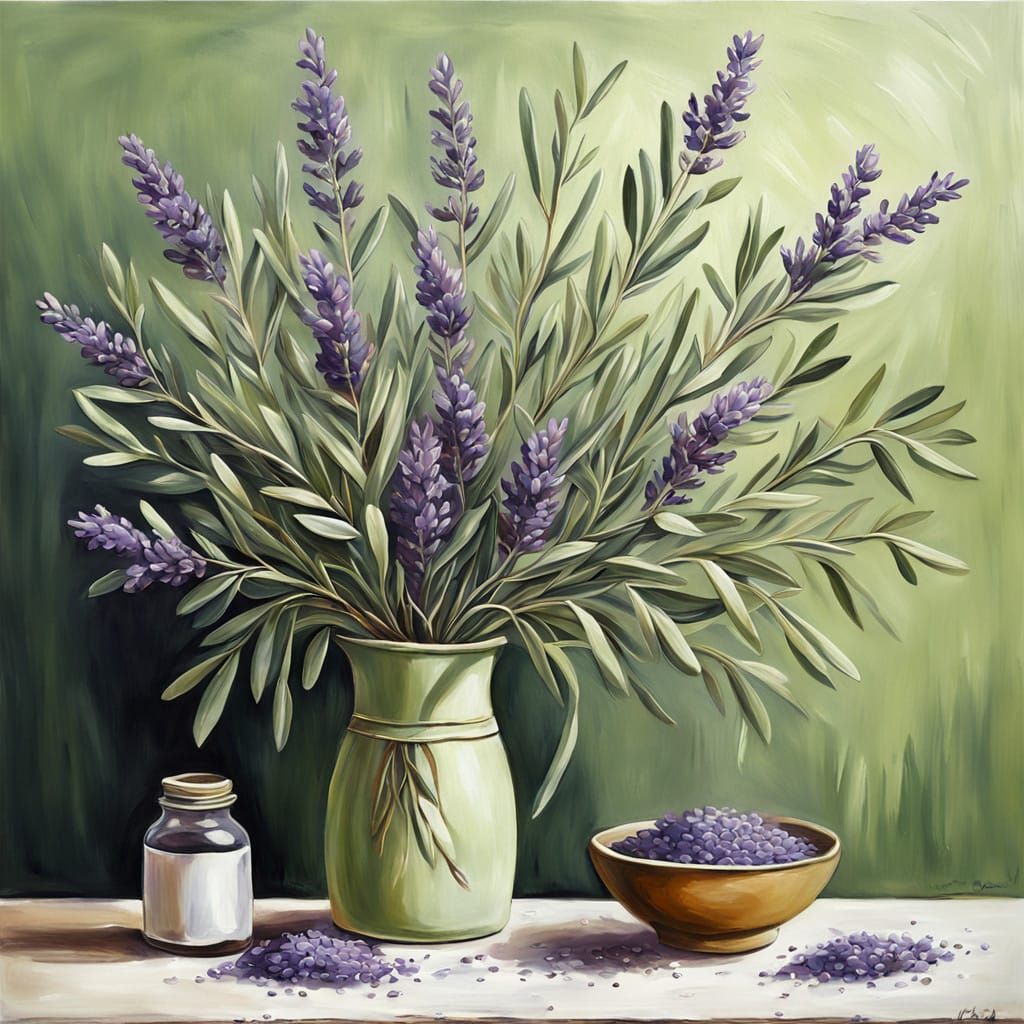 Lavender Blooms on a Soft Olive Green Background in Impressi...