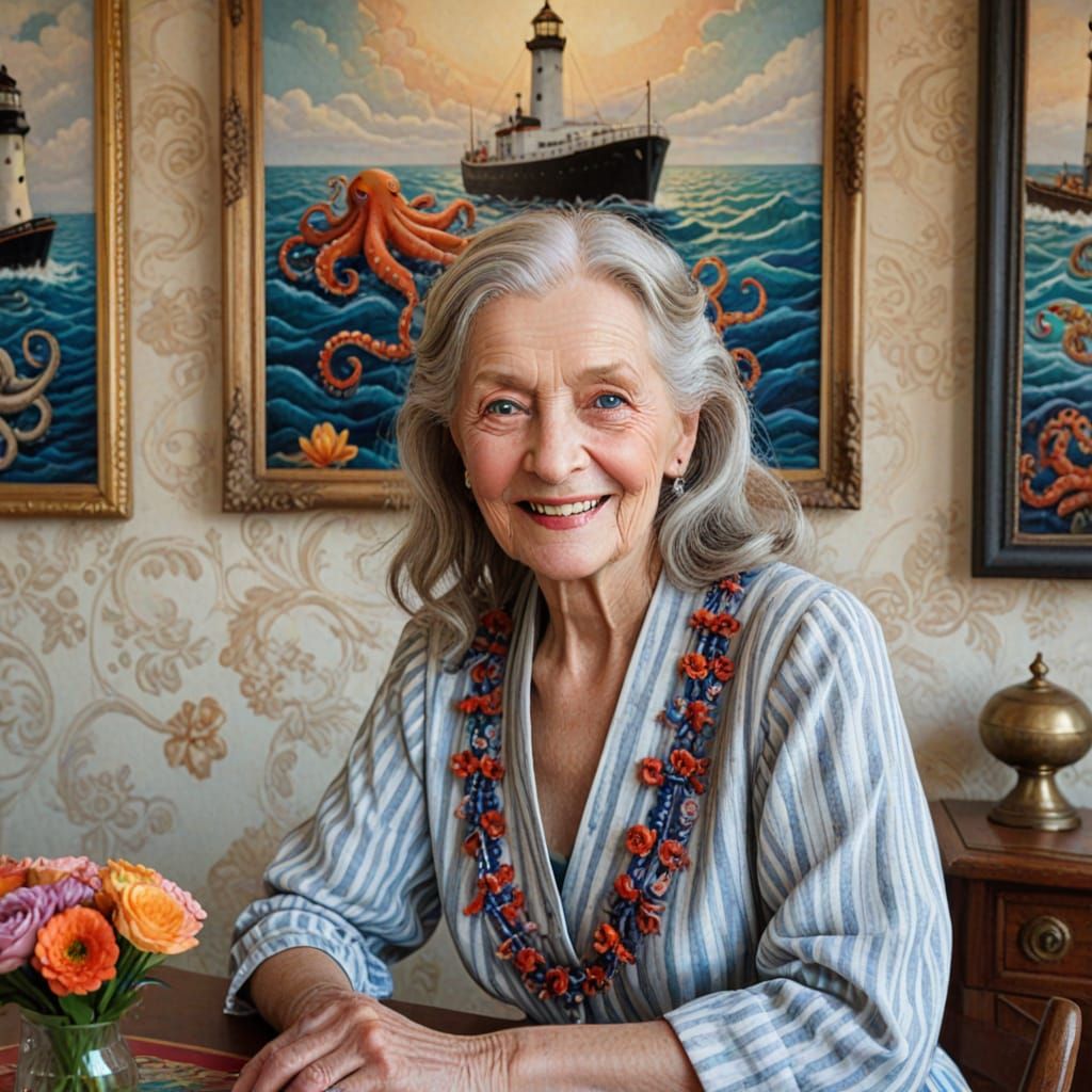 Art Deco Portrait of Elegant Elder Woman with Flower Garland
