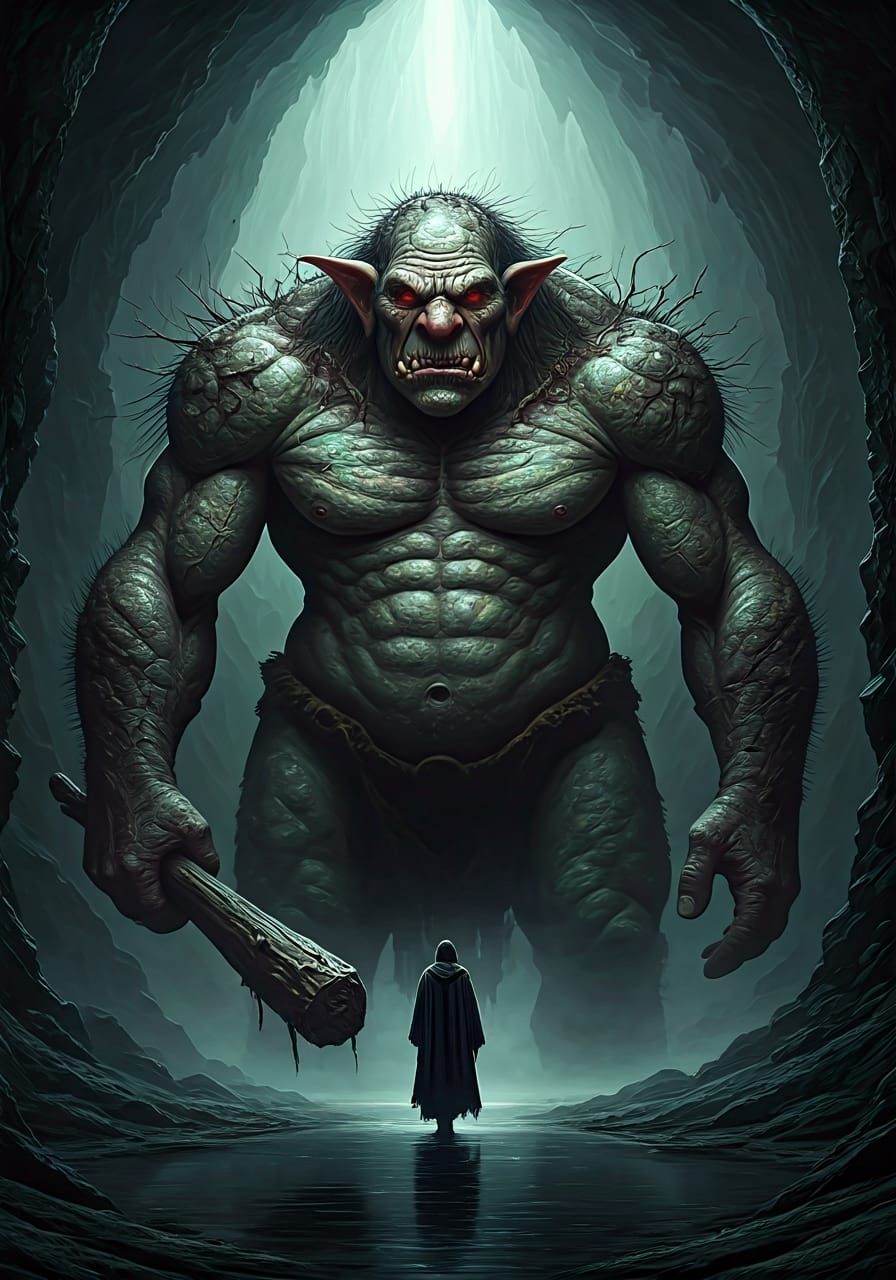 Menacing Cave Troll in Fantasy Underground Scene