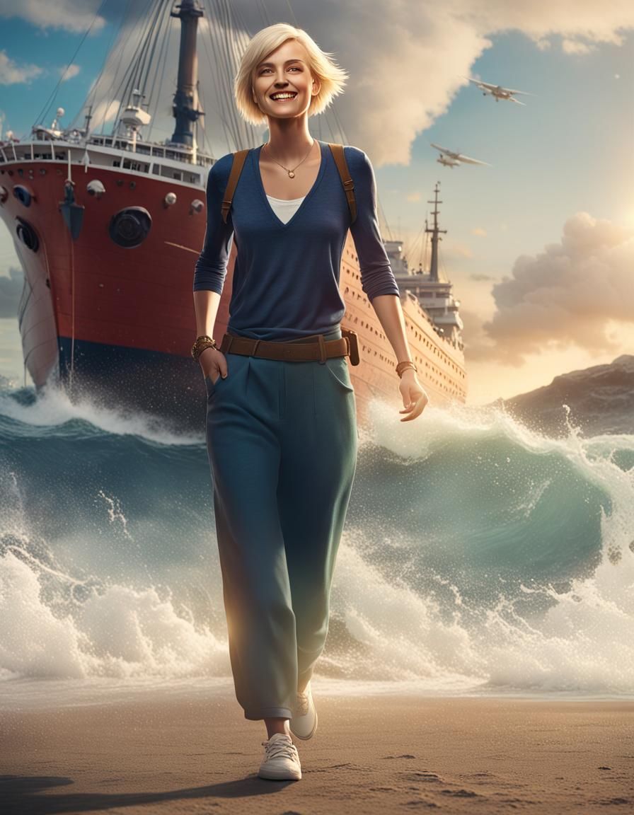 Blond Woman Smiling on a Beach, Fantasy Art