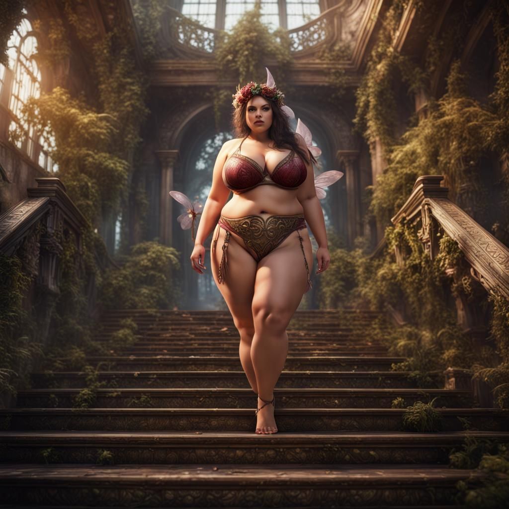 Plus-Size Fairy on Detailed Stairs in Fantasy Art