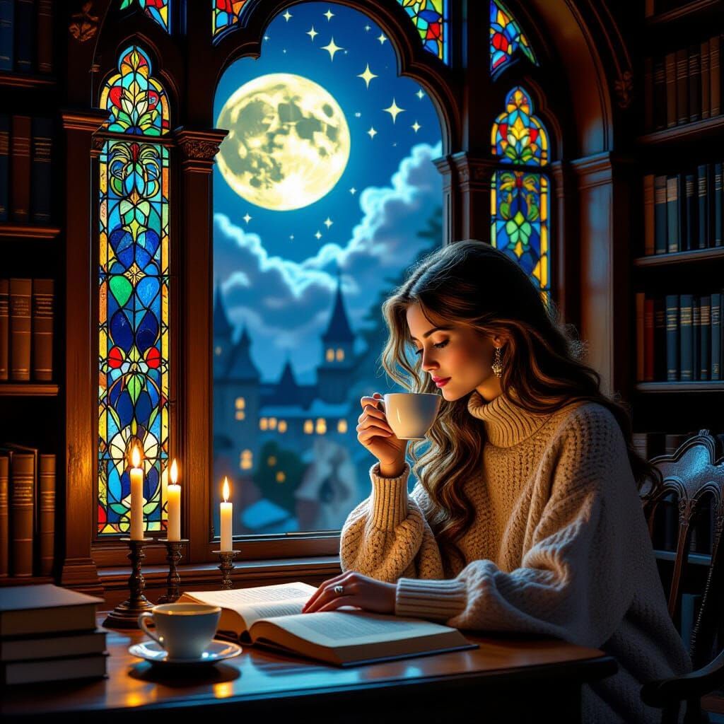 Woman Studying Spanish in Cozy Library, Art Nouveau Style