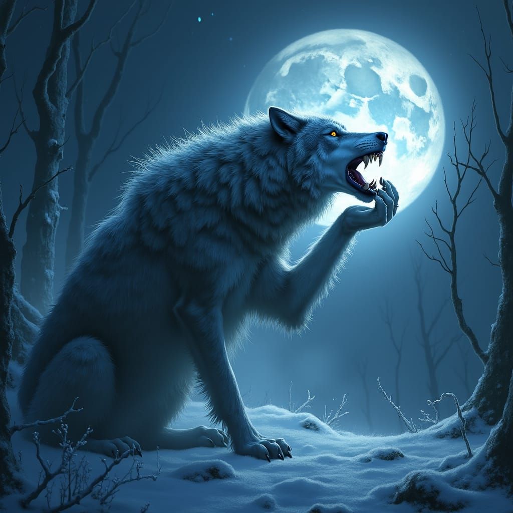 Wolf Grasps Moon in Jaws: Ethereal Matte Painting