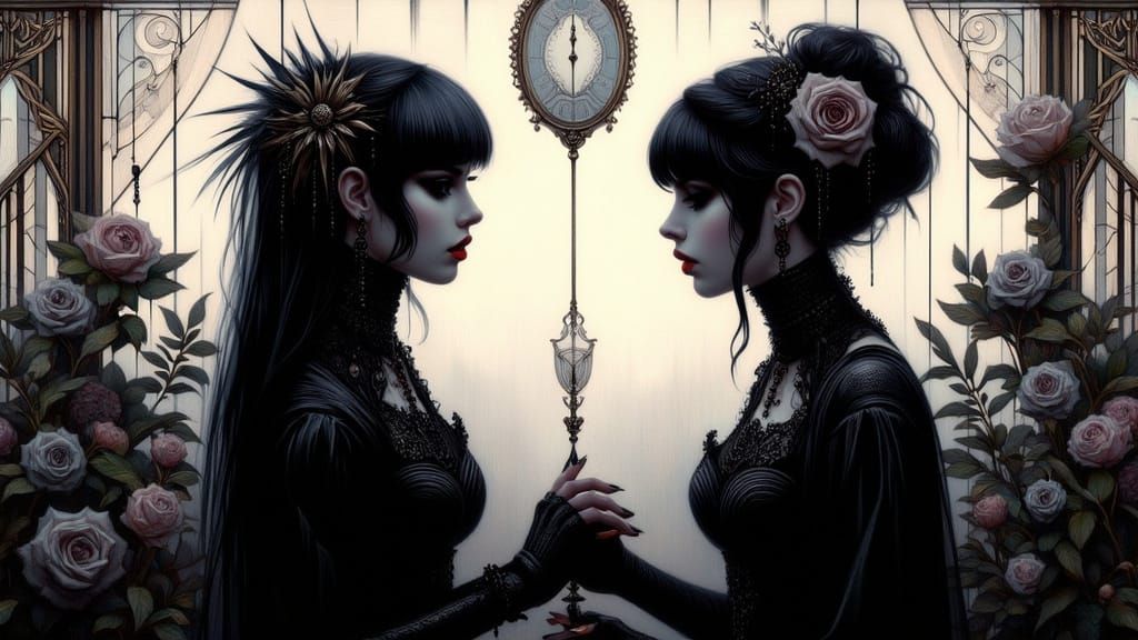 Romantic Goth Women Before a Mirror