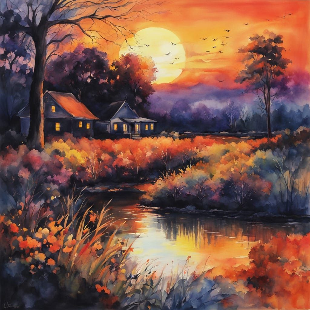 Surreal Sunset Scene in Vibrant Watercolour