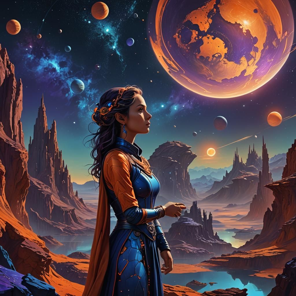 Android Gazing at Cosmic Night in Roger Dean Style