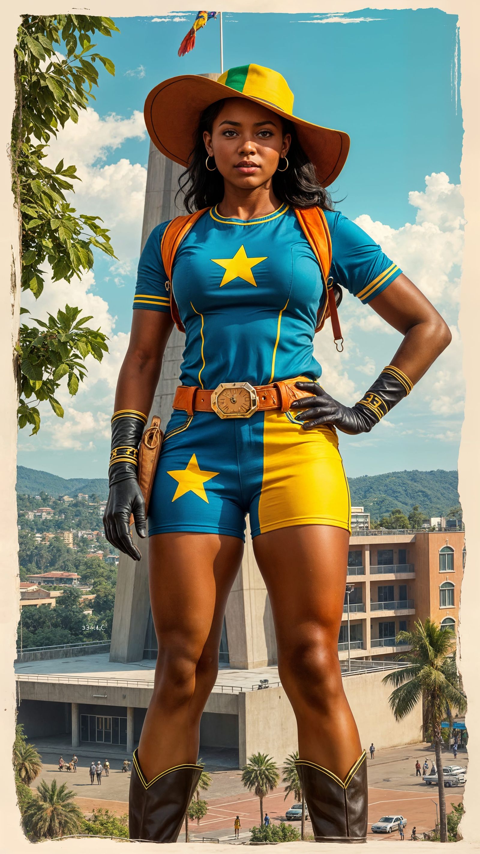 Powerful Rwandan Superhero in Retro Jungle Costume