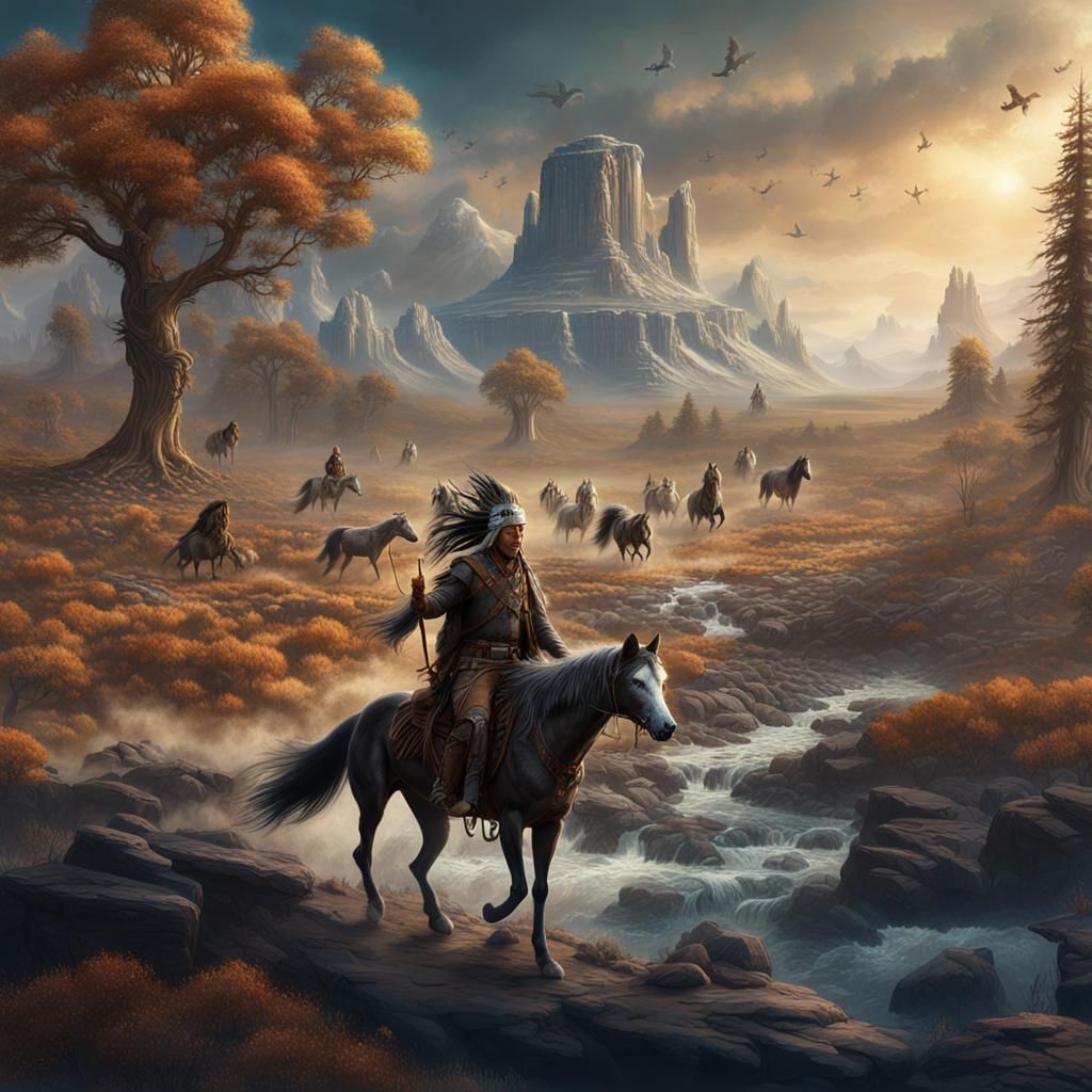 Native American Figure with Wolves and Horses