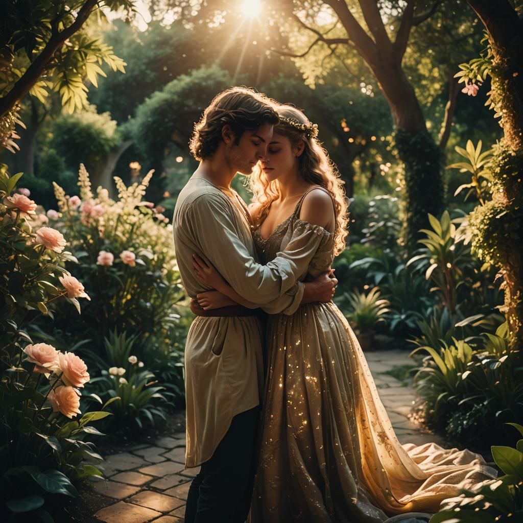 Eros and Psyche Embrace in Moonlit Garden