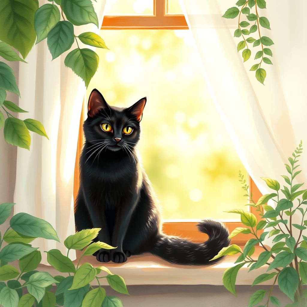 Whimsical Watercolor Cat on a Sun-Drenched Windowsill