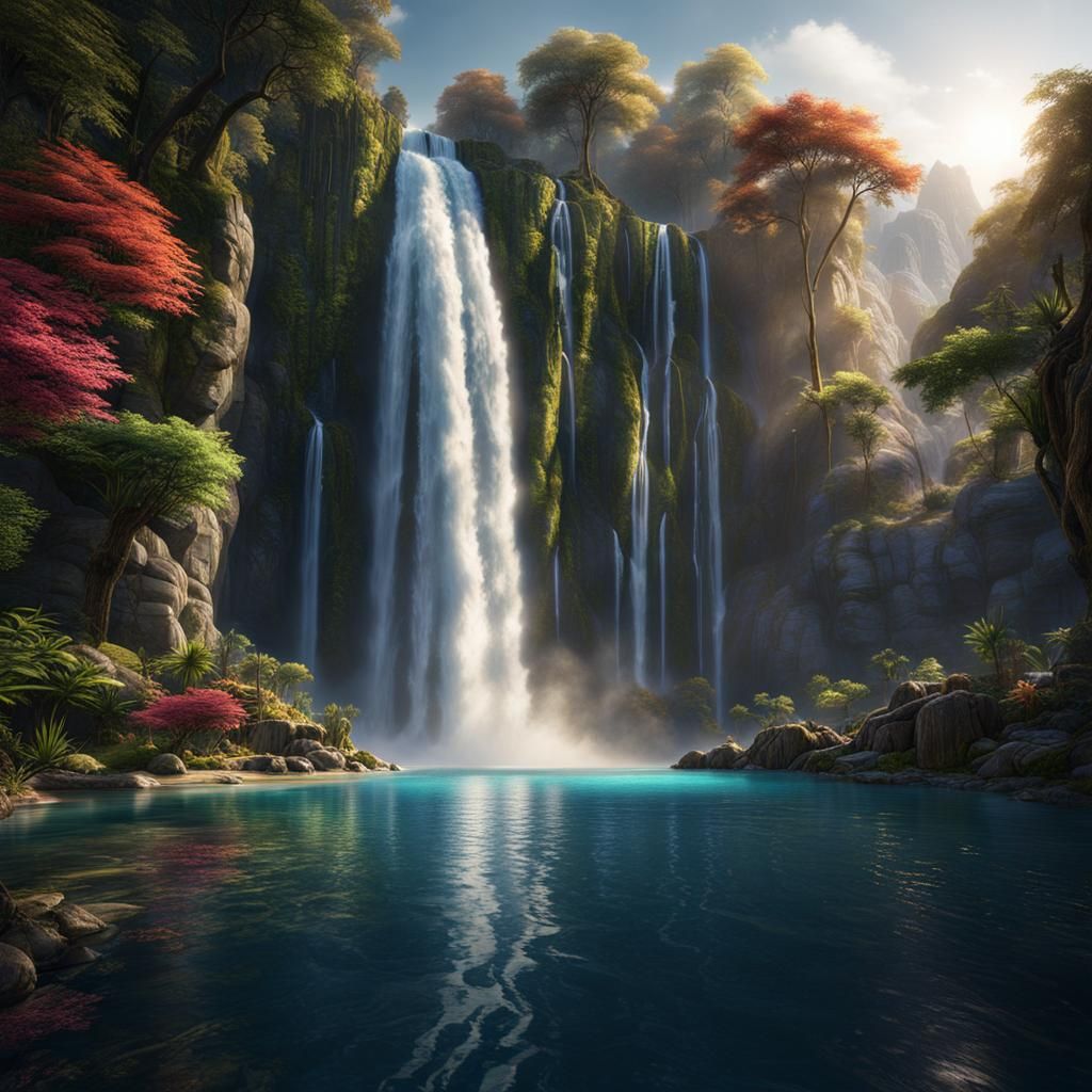 Majestic Waterfall and Tranquil Pool in Fantasy Art Style